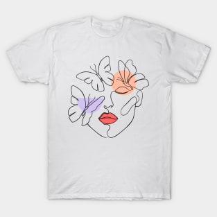 woman face with geometric shapes and butterflies T-Shirt